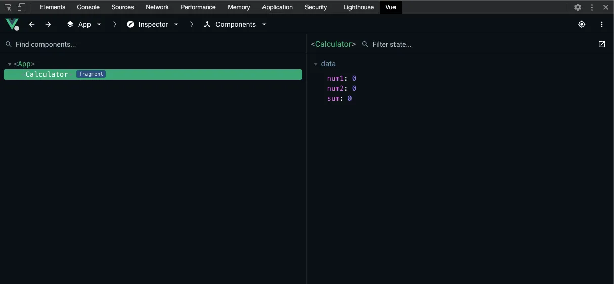 A view of the Vue DevTools for our current Vue application.